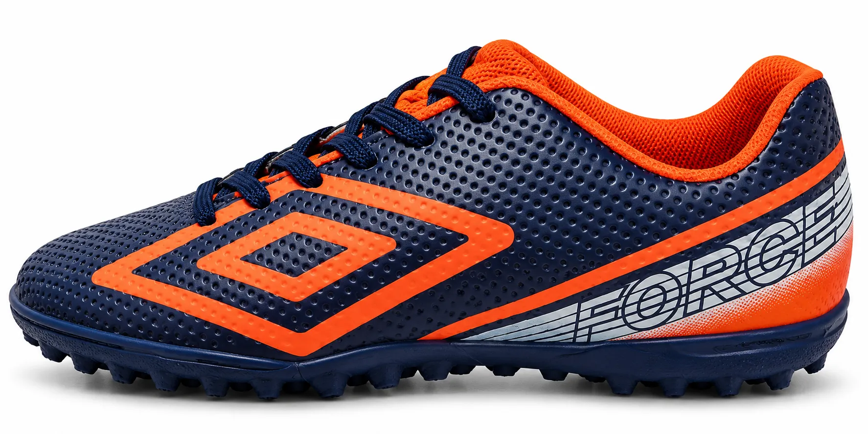 Chuteira Society Umbro Force 2 Azul-Marinho e Laranja.